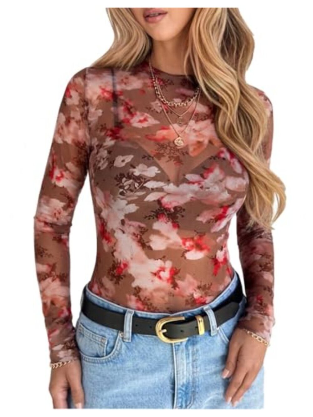 Women Lace Mesh Sheer Mock Neck Long Sleeve Blouse Top Layering